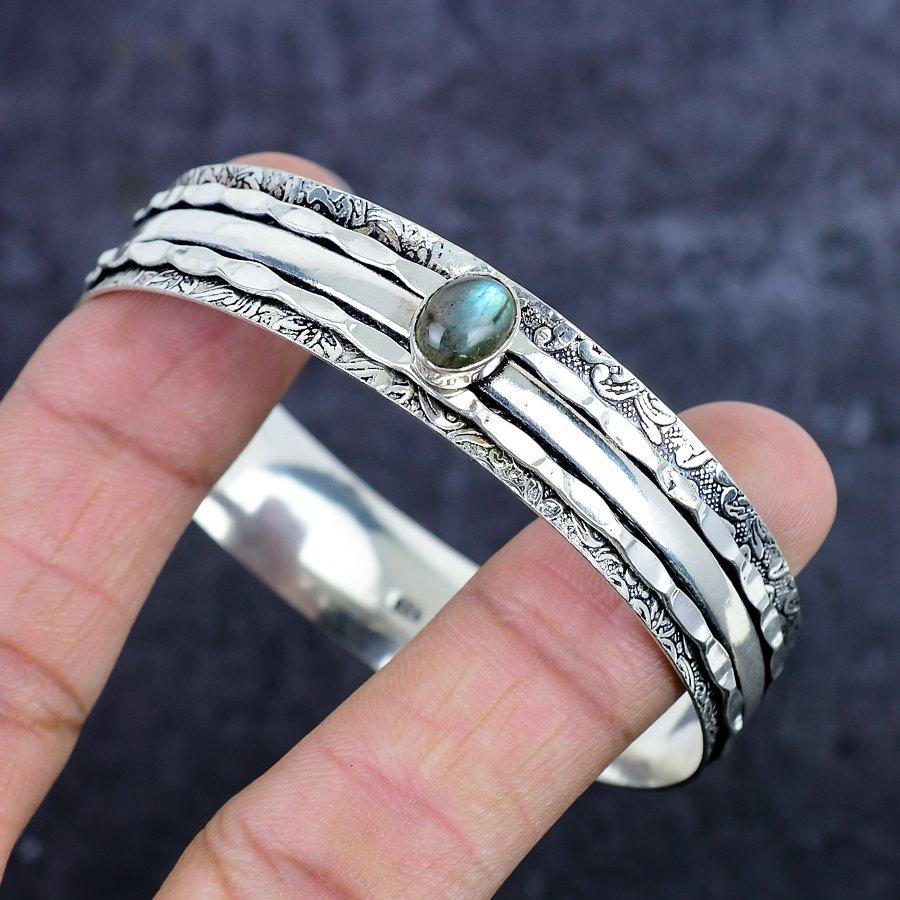 Natural Labradorite Gemstone 925 Sterling Silver Cuff Bangle Adjustable ETC-14512