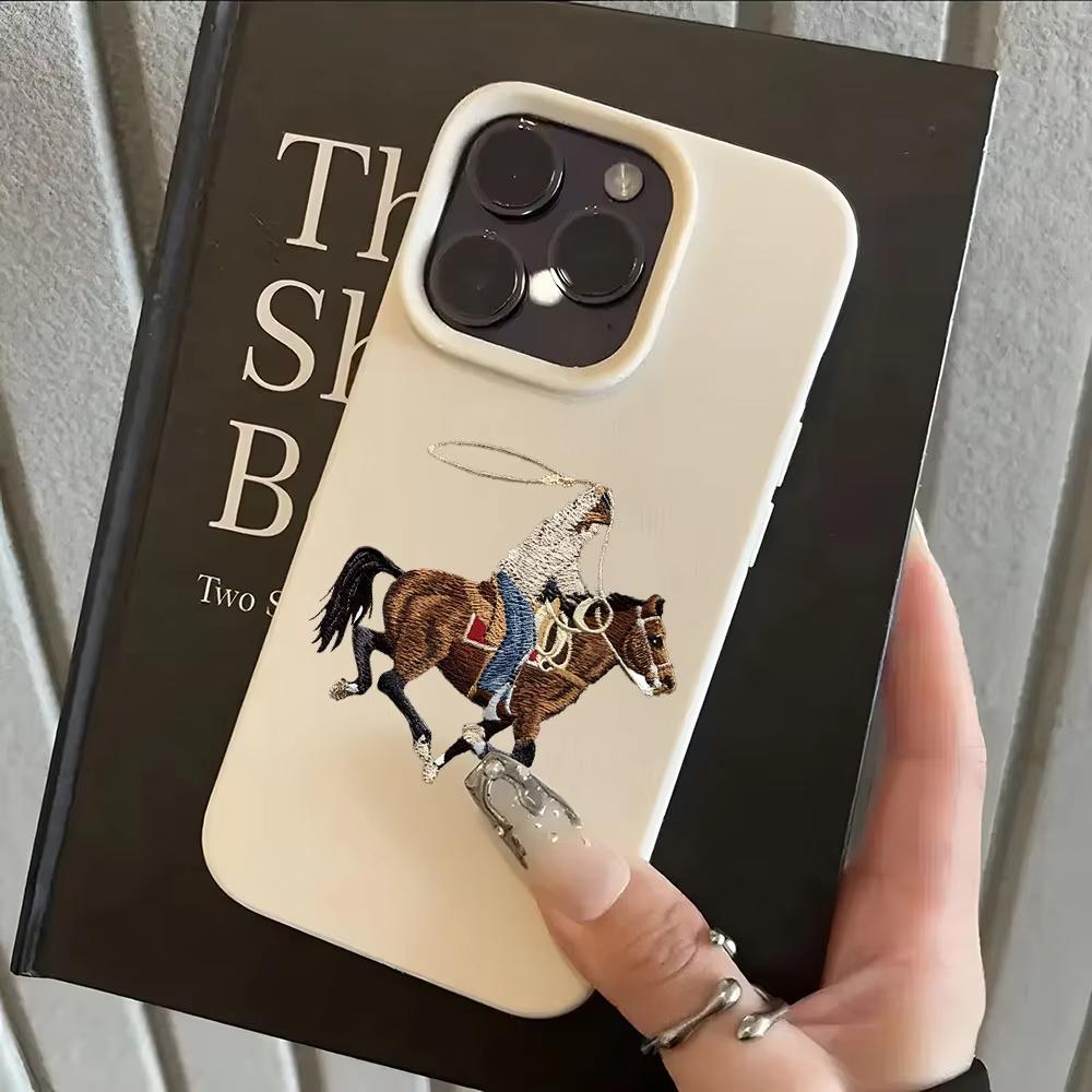 Vintage Cowboy Horse Embroidery Case For iPhone 17Air 16 15 14 13 12 11 Pro Max Plus Luxury Retro Shockproof Soft Leather Cover