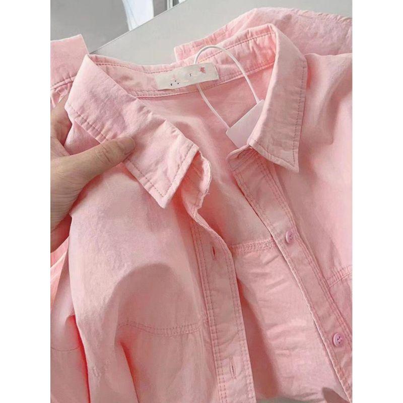 Pure Cotton Bandage Dress Rose Pink Shirt for Women Inner Wear Base Loose All-Matching Slimming Long Sleeve Shirt Coat Trendy
