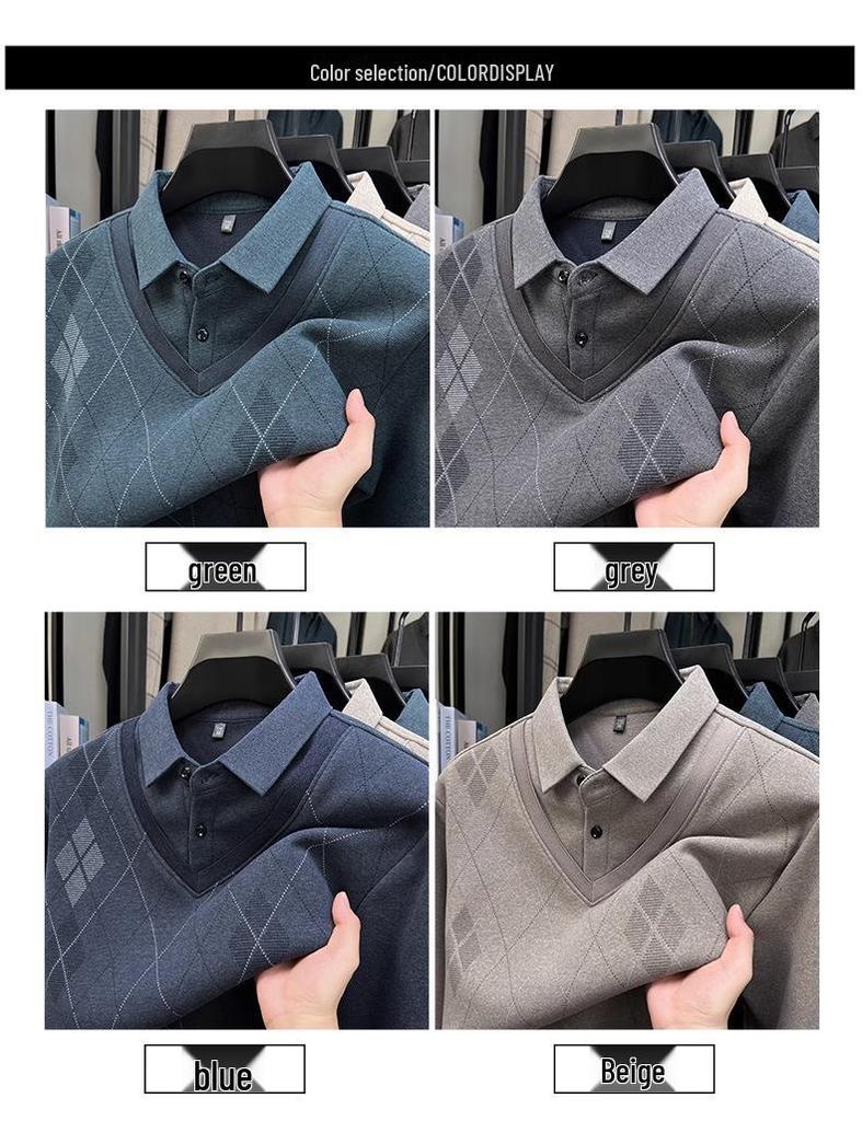 2025 Winter Men's Faux Two-Piece Sweater: New Thick Knit with Shirt Collar and Warm Velvet Layer
