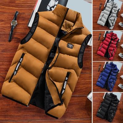 Men Winter Vest Stand Collar Thickened Padded Soft Windproof Warm Neck Protection Solid Color Sleeveless Zipper Closure Strap Decor Pockets