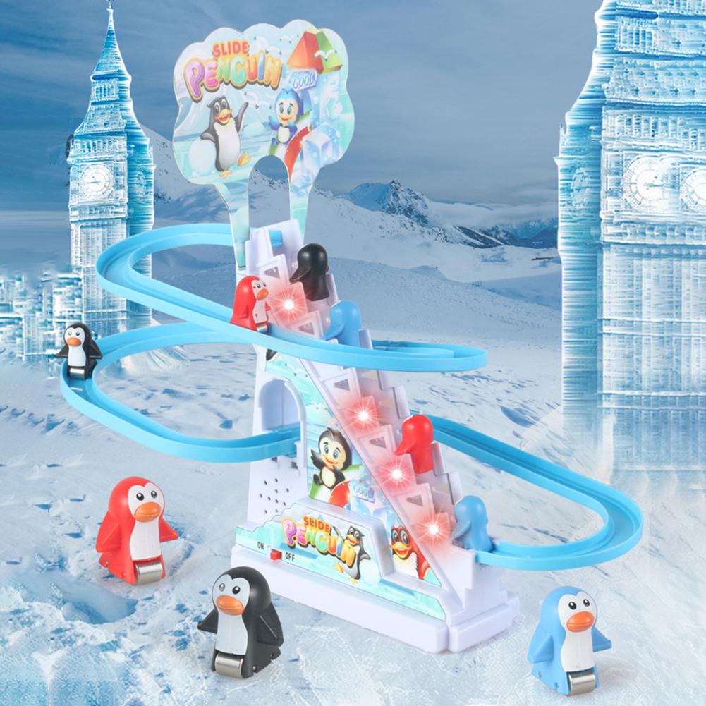 Kids Electric Climbing Stairs Toy DIY Small Penguin Dinosaur Rail Racing Track Music Roller Coaster Duck Toy For Baby Kids Gift