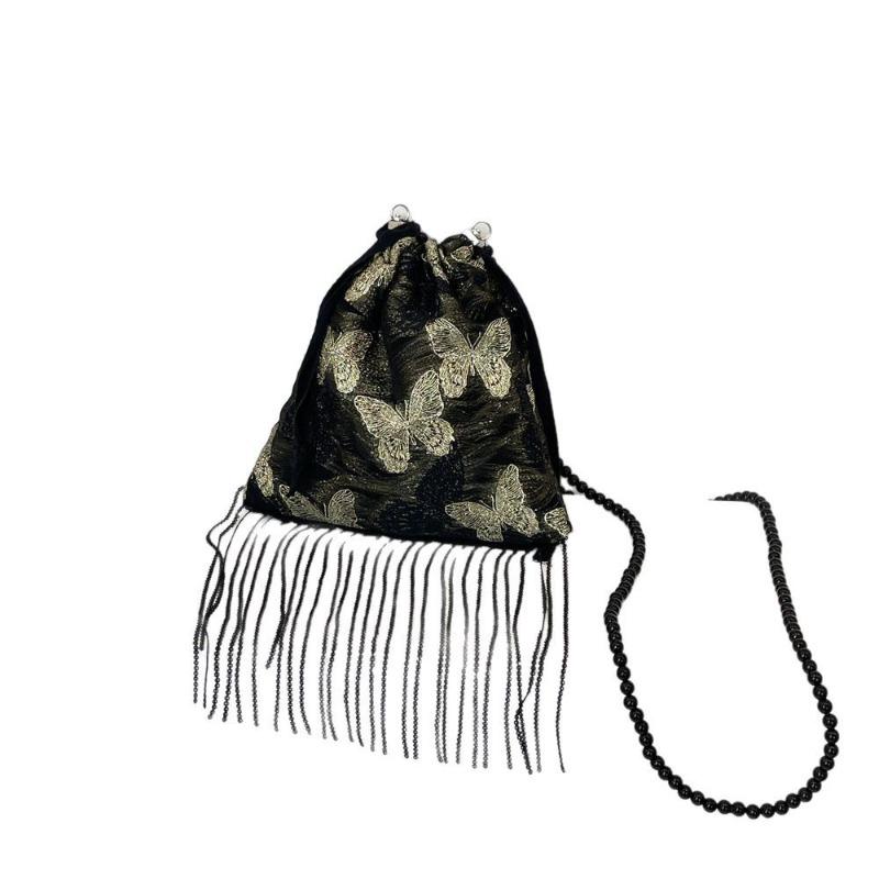 33 Golden Silk Butterfly Drawstring Bundle Crossbody Bag Retro Tassel Shoulder Bag Lazy Underarm Bag