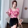 WTEMPO Brand Summer Women's Square Neck Short-sleeved Collar Exposed Collarbone Floral Shirt Design Niche Back Hollow Straps Short Tops