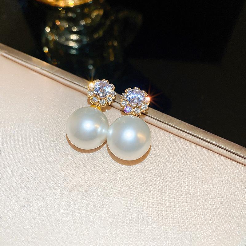 Wind zircon round square water drop imitation pearl silver needle earrings French earrings
