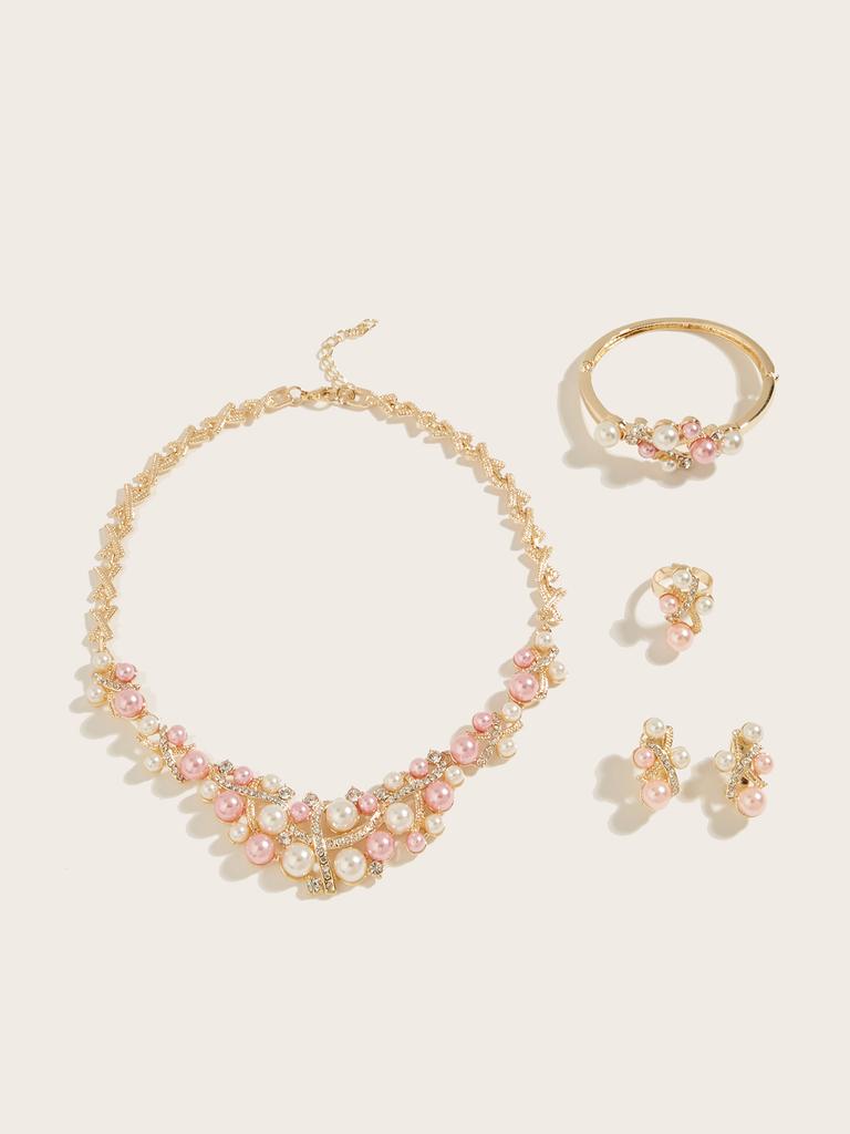 Elegante Set di Gioielli Rosa e Bianchi con Perle Finte e Strass