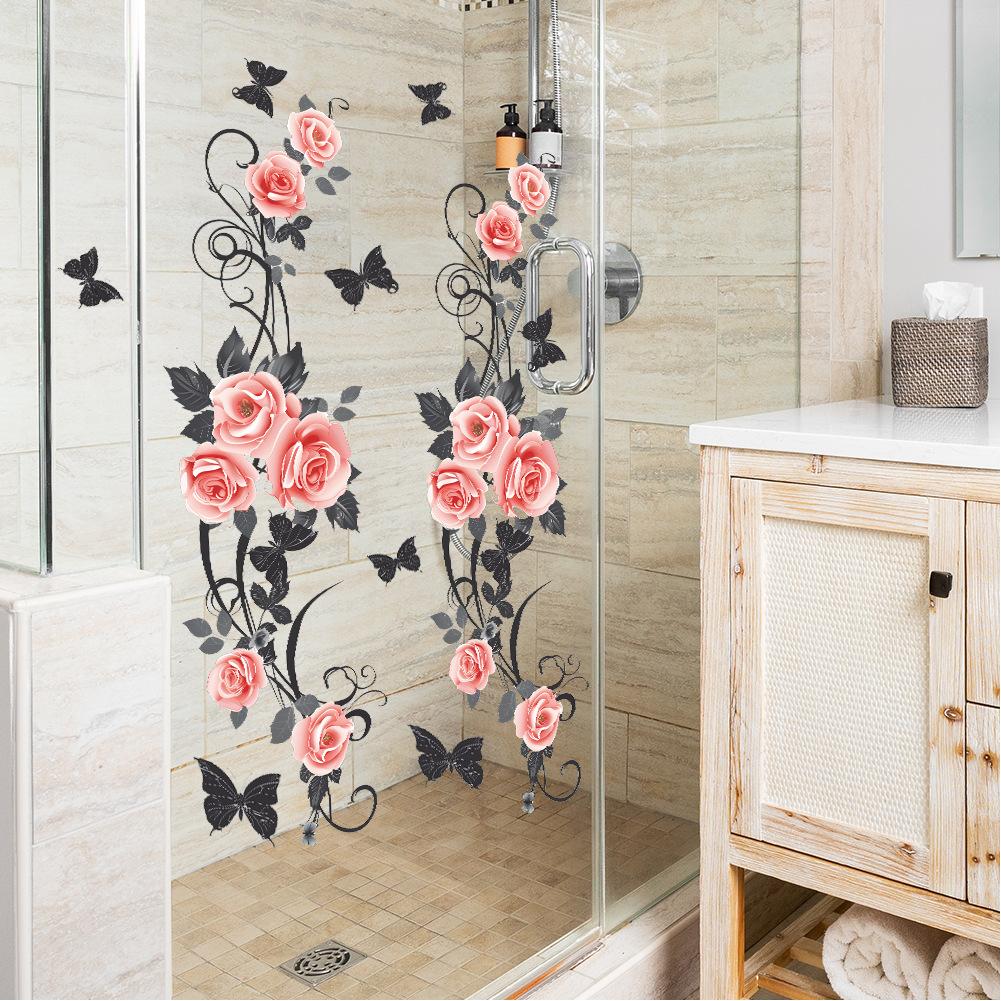 Bathroom Wall Decals Sticker, Rose Butterfly Flower Wall Stickers, Waterproof Rose Butterfly Vine Glass Stickers For Bedroom Restroom DIY Decoration