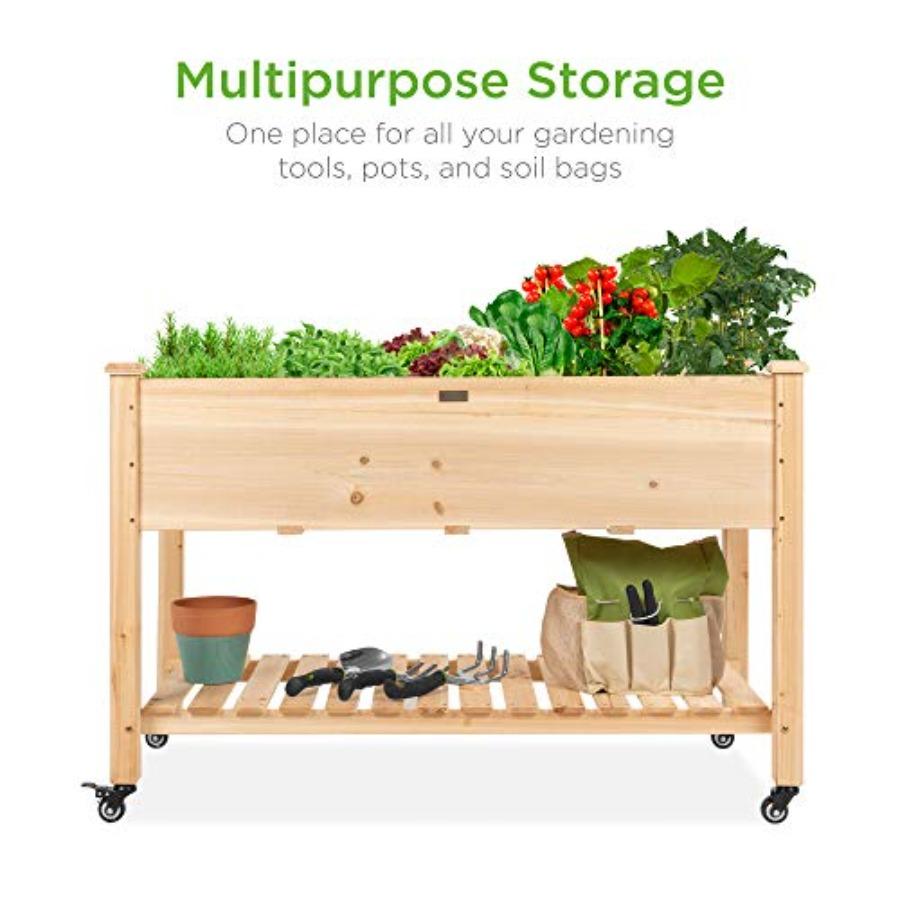 Raised Garden Bed 48x24x32-inch Mobile Elevated Wood Planter with Lockable Wheels and Storage Shelf Natural Color Durable Wood