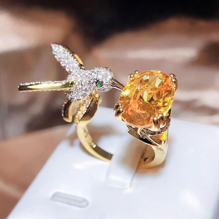 2026 Design Color Treasure Female Ring Aquamarine Treasure Hummingbird Ring Resizable