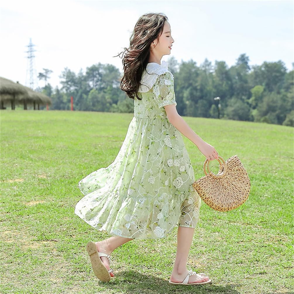 BLZXIAN Chiffon Short Floral Tunic Loose Everyday Junior Size Height Kids' Dress, Sleeve, Long, Knee-Length, High-Waisted, Turn-Down Collar, Print,