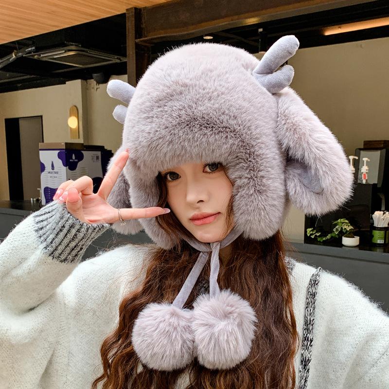Women Autumn Winter Warm Thicken Ear Protector Hat Cold Plush Velvet Outdoor Antlers Knitted Bomber Cap Sweet Cute Lei Feng Hats