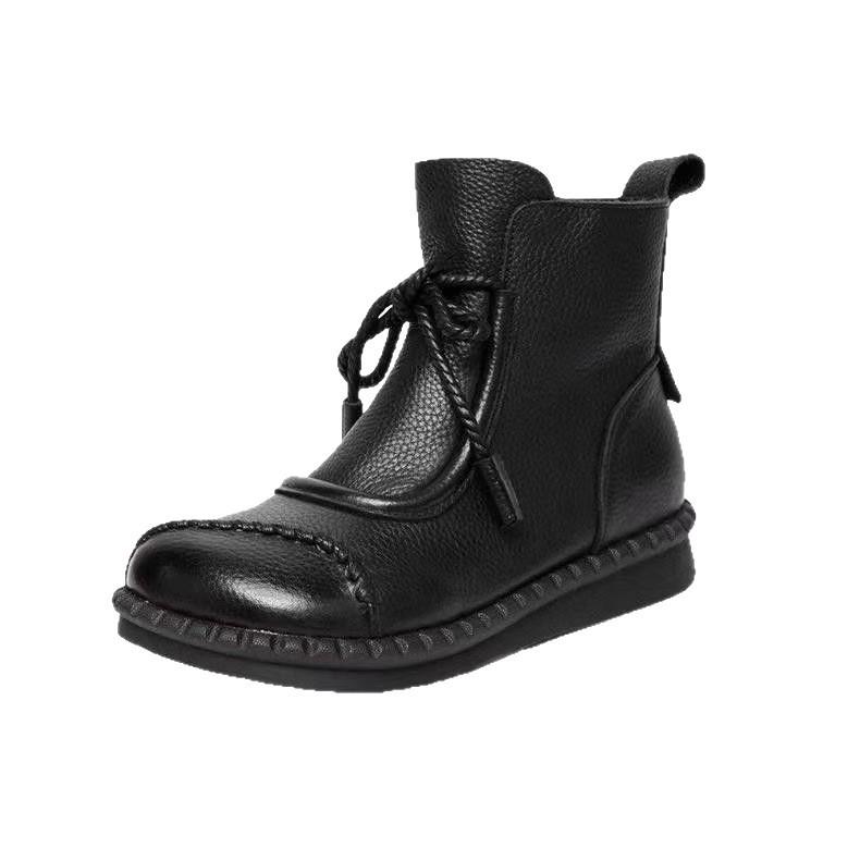 Ethnic Soft Leather Small Short Boots Women's 2025 Winter New Velvet Warm Cotton Boots Beef Tendon Soft Bottom Non-slip Martin Boots