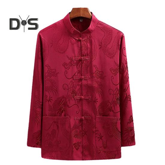 

Новогодний китайский традиционный мужской костюм Тан, рубашка с воротником-стойкой, рубашка с длинными рукавами и принтом дракона, карманы, дизайн, топы тай-чи L красный