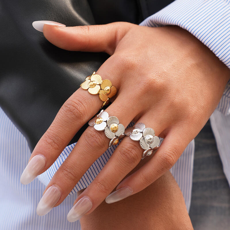 Stainless Steel Splicing Flower Finger Rings for Women Men Classic Texture Wide Chunky Opening Rings Banquet Jewelry Accessories