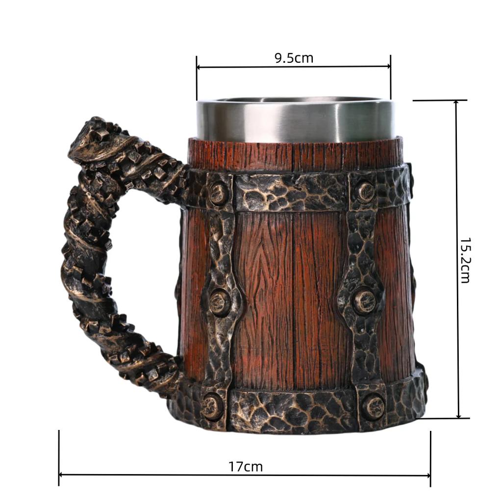 New Viking Imitation Wood Resin Beer Mug Retro Handmade Large-capacity Stainless Steel Liner Wine Glass Beer Jugs Bar Drinkware