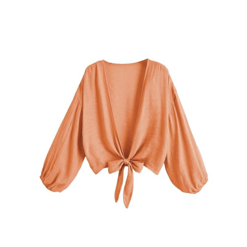 

Fashion Casual Summer Women Beach Shirt Solid Color V Neck Solid Color Simple Crop Tops Elegant Ladies Tie Up Cardigans Streetwear Blouse Clothing XL кораловий