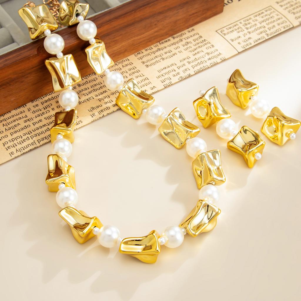 Salircon Boho Irregular Splicing Geometric Necklace Earrings Women Jewelry Set Retro Imitation Pearl Bead Necklace Banquet Gift