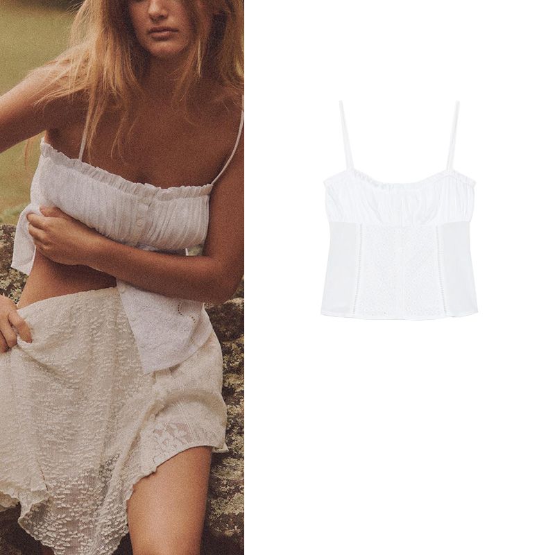 Summer New Product Women's Clothes American Ins Style White Embroider Straight Collar Camisole Cotton Tops 4770307