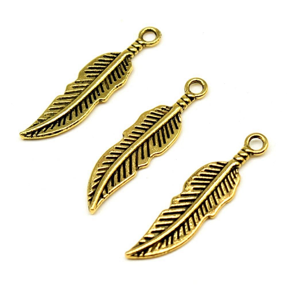 

20шт Подвески в виде листьев и перьев античное золото Цвет цинкового сплава 30X8 мм