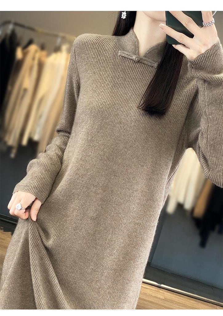 Women's Mid-Length 100% Wool Sweater Dress, Over-the-Knee, Qipao Stand Collar, Winter Slimming Fitted Knit Dress
