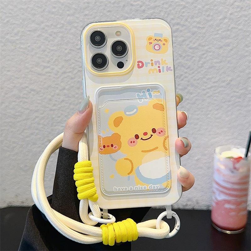 Cute Butter Bear iPhone Case: Fits 12 To 16 Pro Max, with Cartoon Design, Card Holder & Lanyard