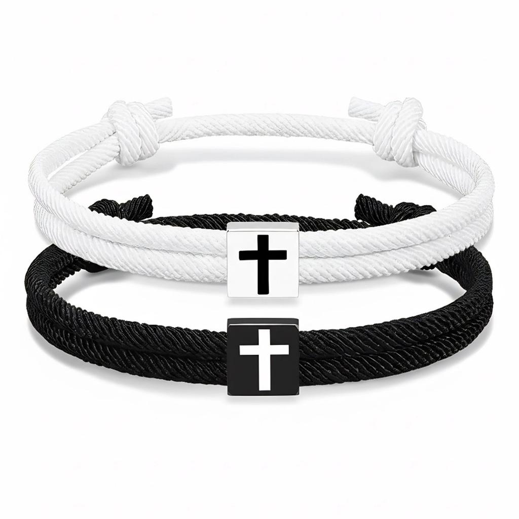 Hand-woven Black and White Cross Milanese Adjustable Bracelets – A Pair of Matching Couple’s Bracelets
