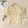 VONDA Women Summer Doll Collar Puff Sleeve Buttons Up Print Casual Blouse