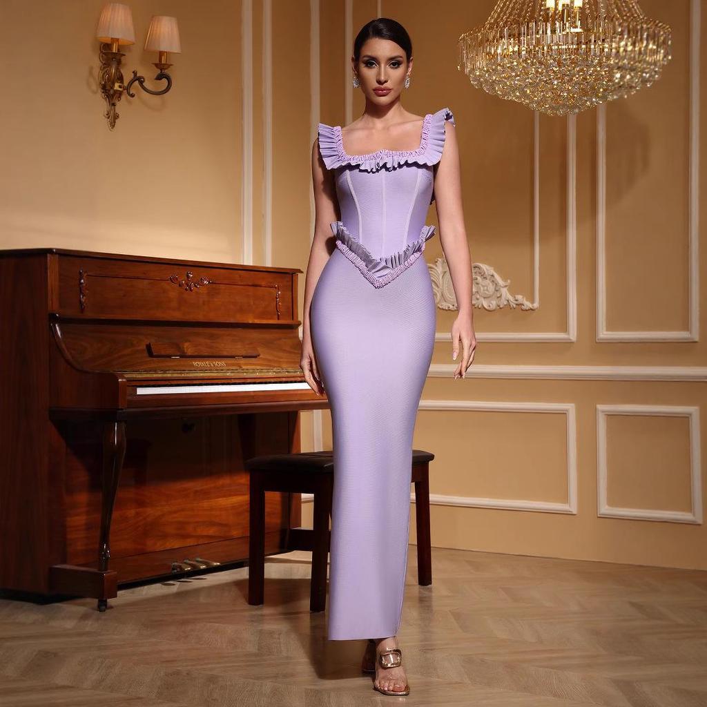 Purple Beaded Bandage Evening Dress - Sleeveless Socialite Style