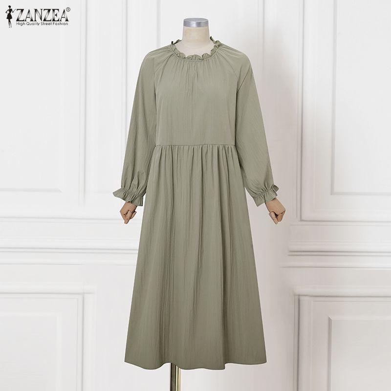 ZANZEA Women Casual Round Neck Long Sleeve Casual Baggy Long Maxi Swing Dress