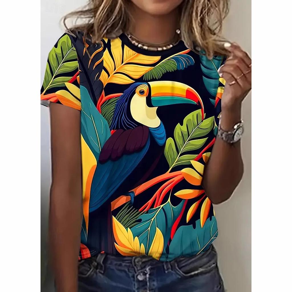 Round Neck 3D Animal Printed Top Fashionable Casual Short Sleeved Women's T-shirts - Soft Medium Stretch Polyester Fabric Summer Relaxed Fit Clothing
