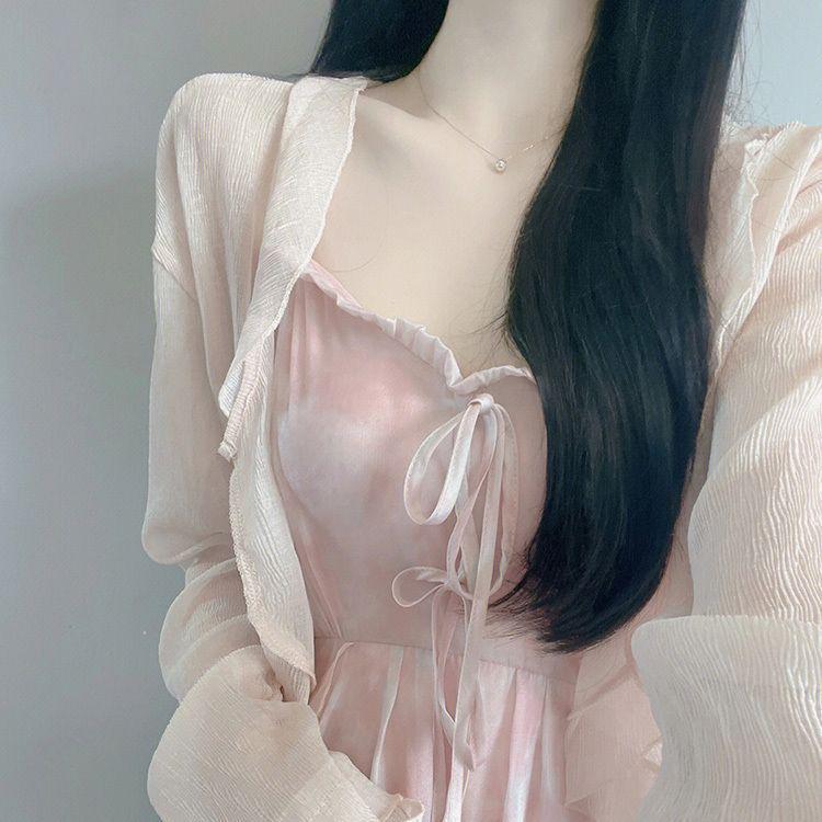 

Spring 2026 Women s Sweet Ruffle Maxi Dress Set with Jacket and Cinched Waist Spaghetti Straps S (recommended 80-95 jin)