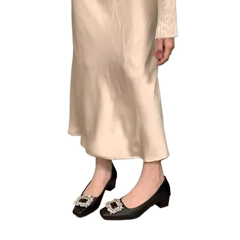 2025 Summer New Slip On Women's Square Toe Med Heel Pumps Crystal Square Button Dress Professional Shoes for Office & Career