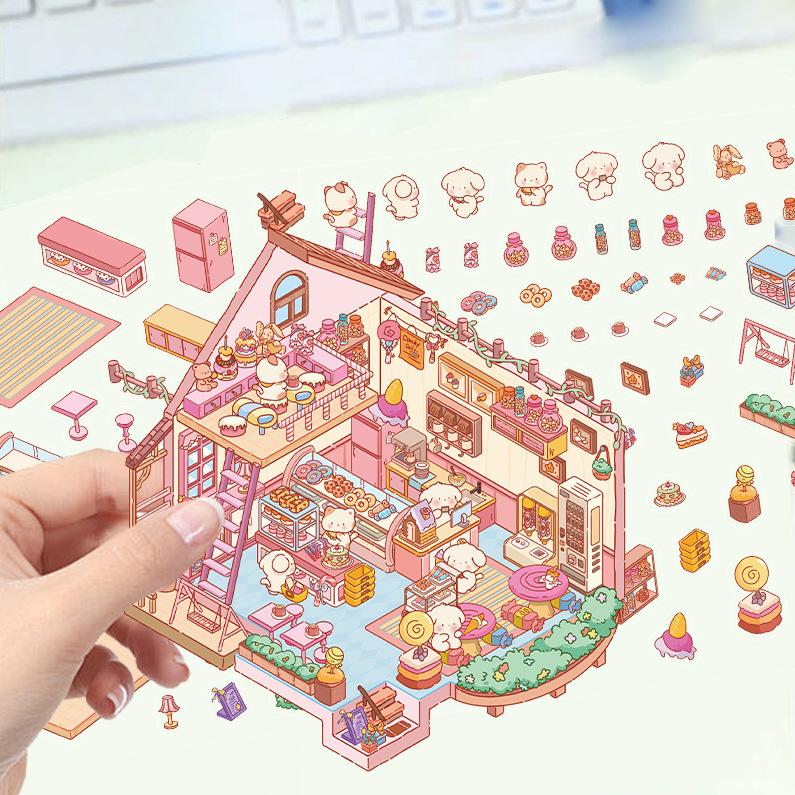 Cartoon Landscape Pink Panda Square Sticker Miniature World 3D Hut Unzip DIY Scene Manual