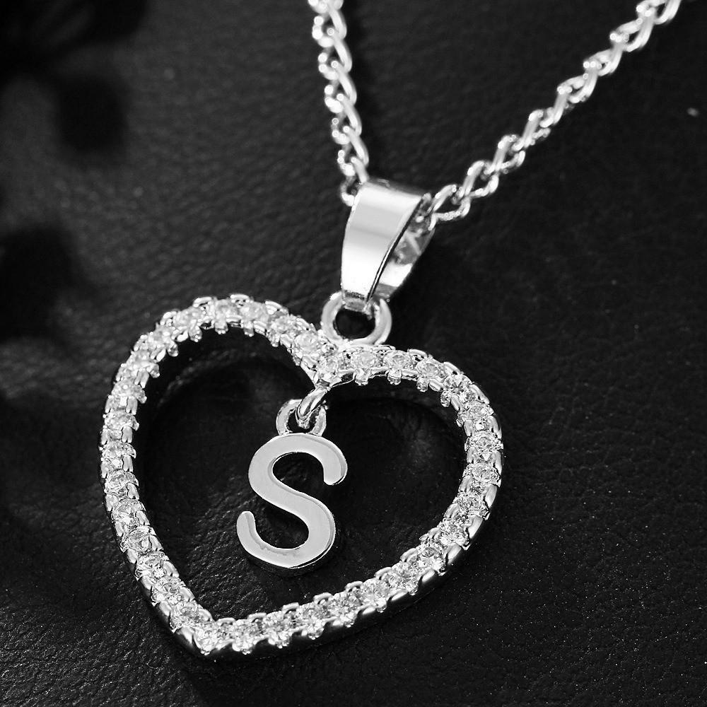 Heart Pendant Zircon Letter Necklace - 26 Letters Available