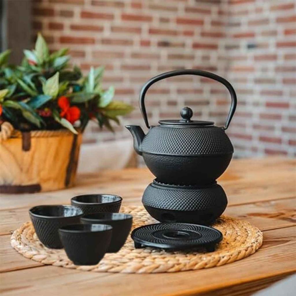 CAST IRON TEA INFUSER BLACK 900ml TEAPOT WITH WARMER AND CUPS GIFT