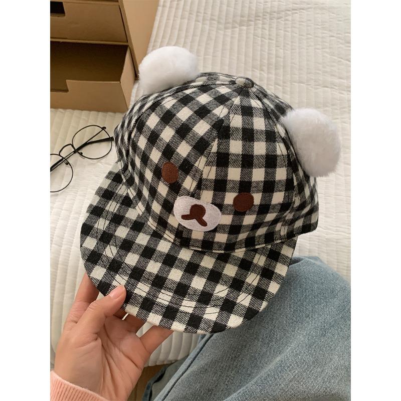 

Милая кепка в черно-белую клетку с медвежьими ушками, женская универсальная широкополая, для маленького лица Adjustable