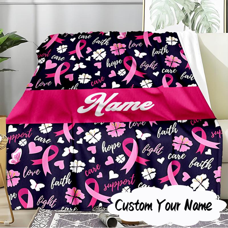 Custom Name Pink Ribbon Butterfly Blanket Ideal Bedding Blanket Perfect for Travel, Camping, Living Rooms, Offices, Sofas, Fan Christmas gift