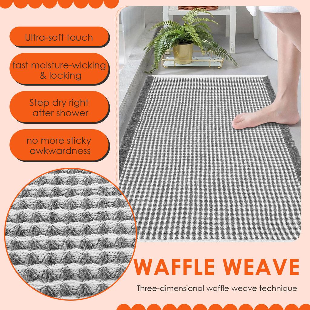 Waffle Bathroom Mat Microfiber Absorbent Bath Rug with Tassels Soft Non Slip Waffle Braided Floor Mat for Floor Tub Beside Decor