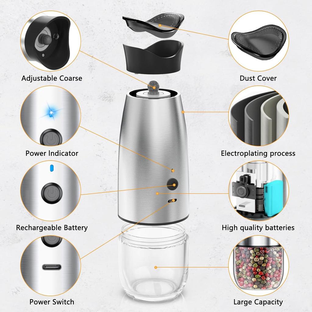 Gravity Electric Salt and Pepper Grinder Set, USB Rechargeable, No Battery Needed, Adjustable Coarseness, Automatic Mill Grinder with Warm LED Light,