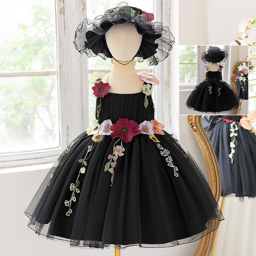 

Детское черное платье принцессы из тюля с аппликацией и пышной юбкой для выступлений на фортепиано и дней рождения 120cm
