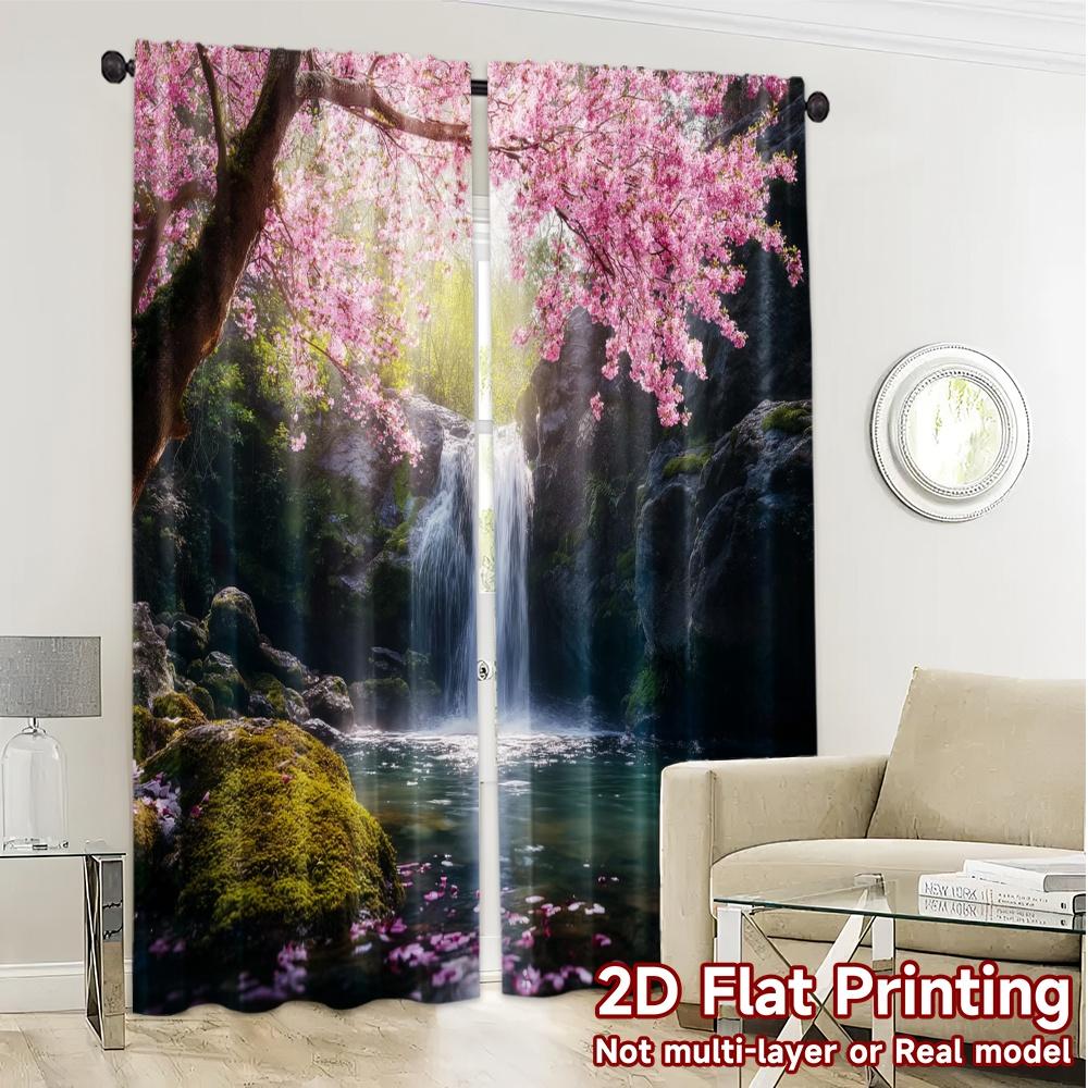 2pcs, 2D FLAT PRINTING Curtains (Without Rod) Blossom Falls Chic Minimalist Curtains Durable 100% Polyester Fabric Curtains