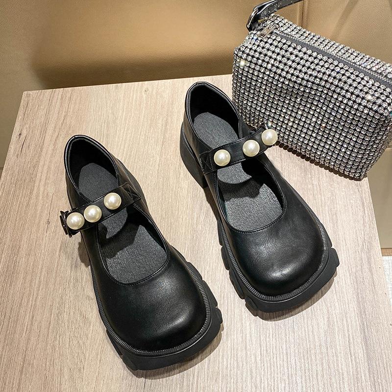 Single Shoes Women's Four-season Platform Small Leather Shoes Small Fragrant Pearls with Versatile Mary Jane Women's Shoes Increase Height