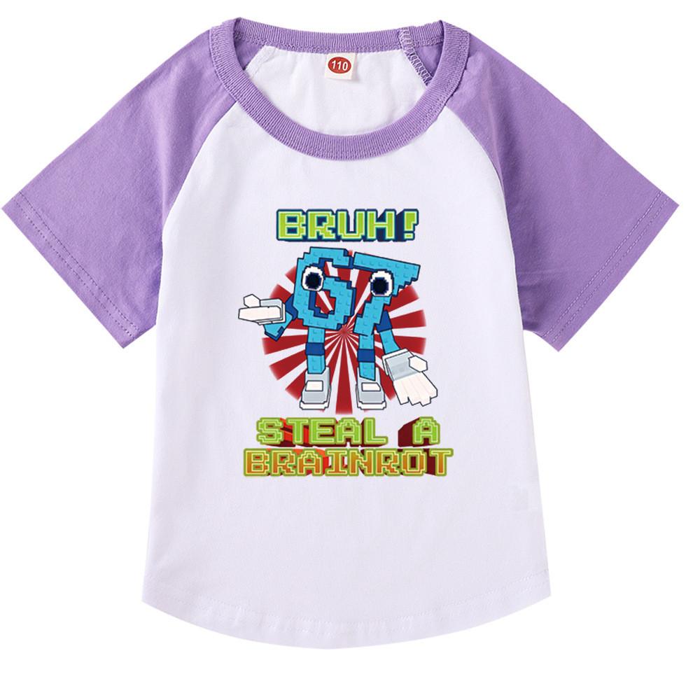 9192 Kids Girls Steal a Brainrot 67 Six Seven Print Raglan Short Sleeves Cotton T-Shirt