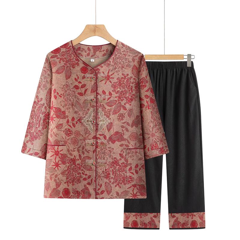 Women s Embroidered Tang Style Summer Set 3XL красный