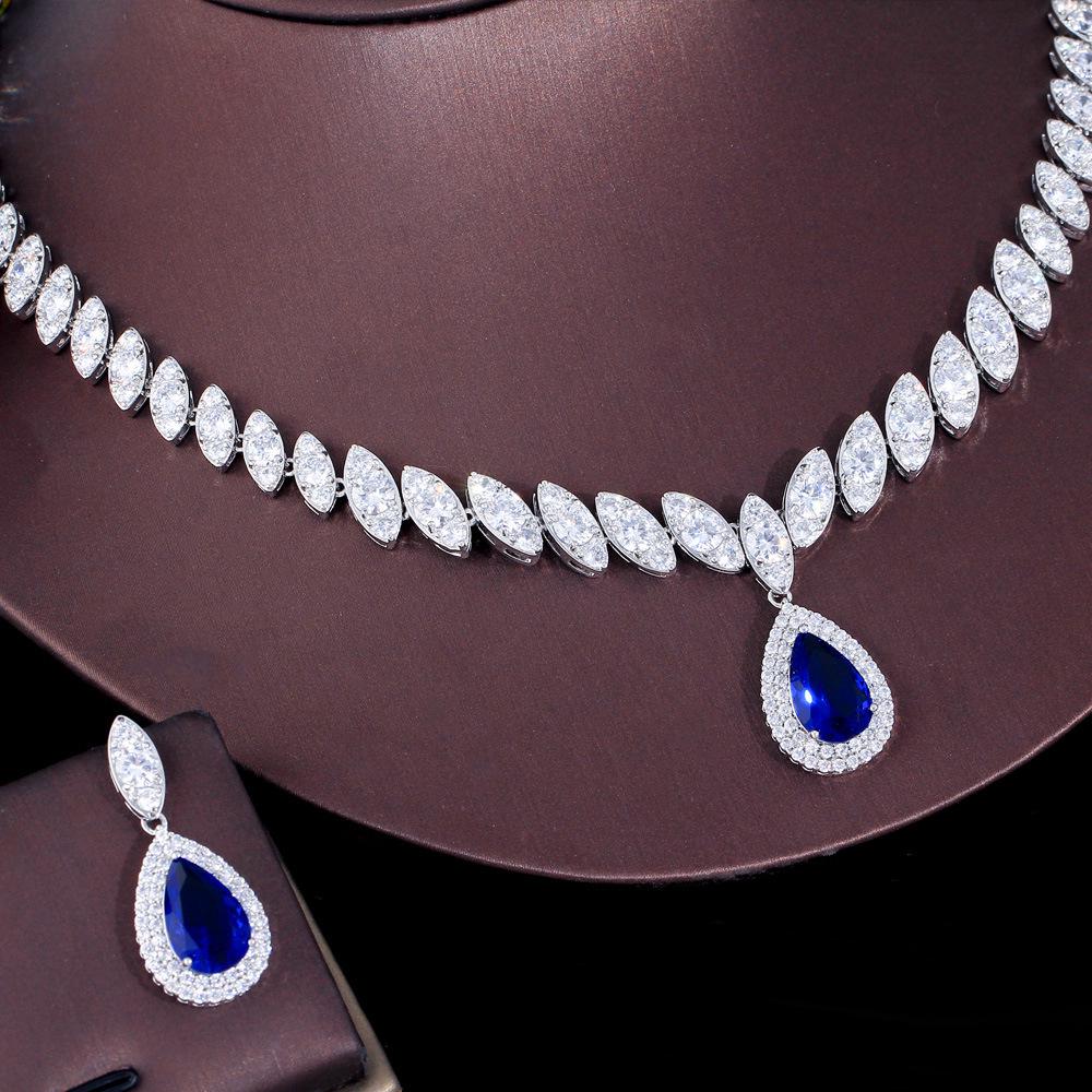 Korean Bridal Set: Eco-friendly Copper Necklace & Zircon Earrings for Weddings