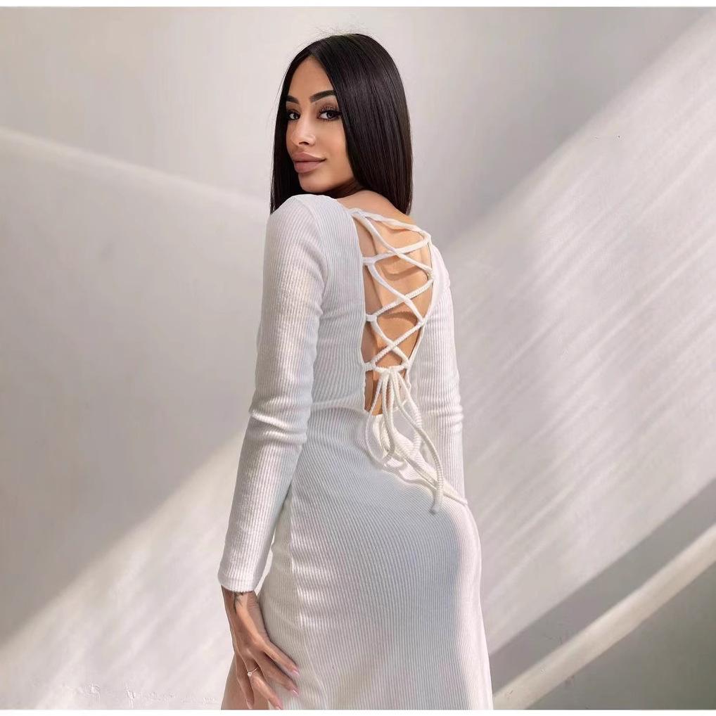 European and American style autumn new women s tether sexy backless slim knitted high-waisted long-sleeved dress S