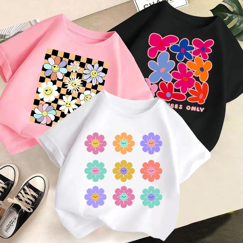 Children T-shirt FlowerPrinted Kids 100% Cotton Clothes Tops 2-13Y O-Neck Short-sleeve T-shirt