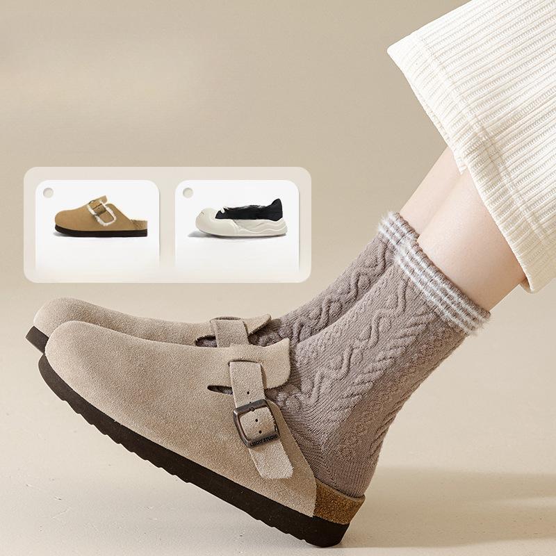 Wool Socks, Women's Linen Patterned Mid-calf Socks, Thick and Warm Cashmere Long Calf Socks for Autumn and Winter, Versatile Socks