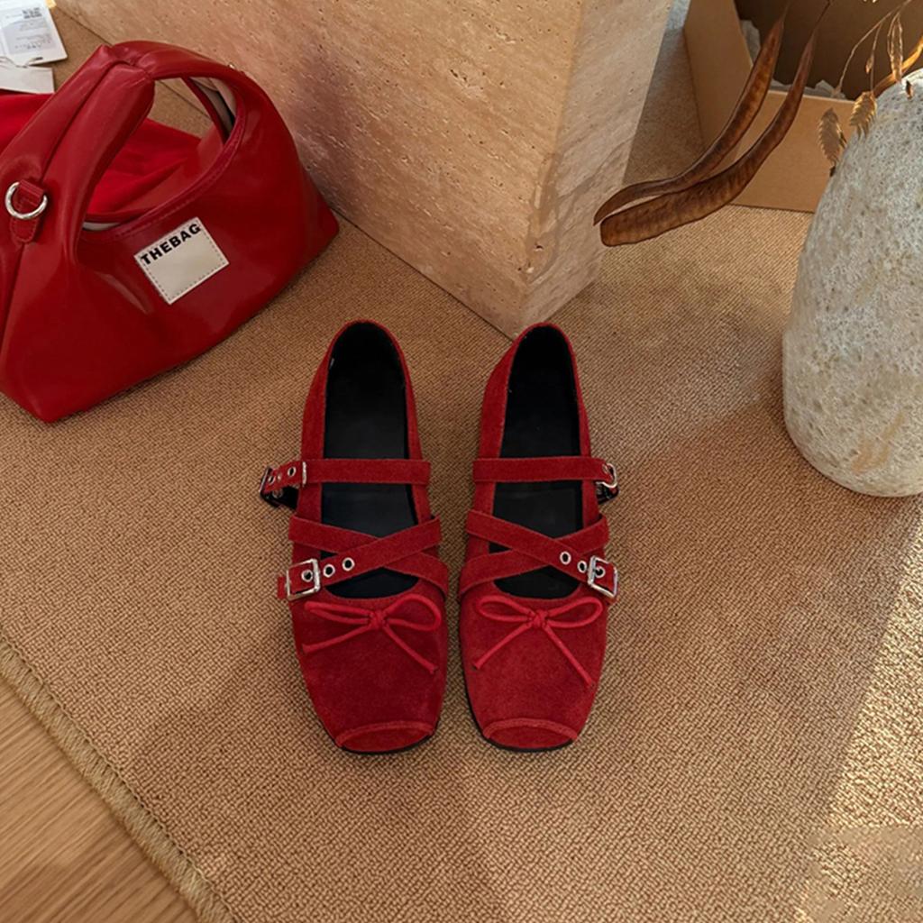 Krásné baleríny s křížovým zapínáním, dámské boty Mary Jane s mašlí, matné, s mělkým výstřihem, se čtvercovou špičkou, jednobotky