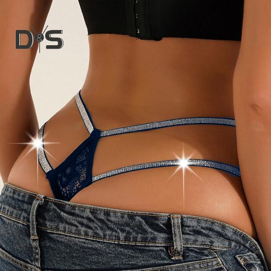 Sexy Women G string Thong Low Waist See through Sheer Hollow Floral Lace Rhinestone Straps Breathable Soft Ladies Underwear Brief Panties